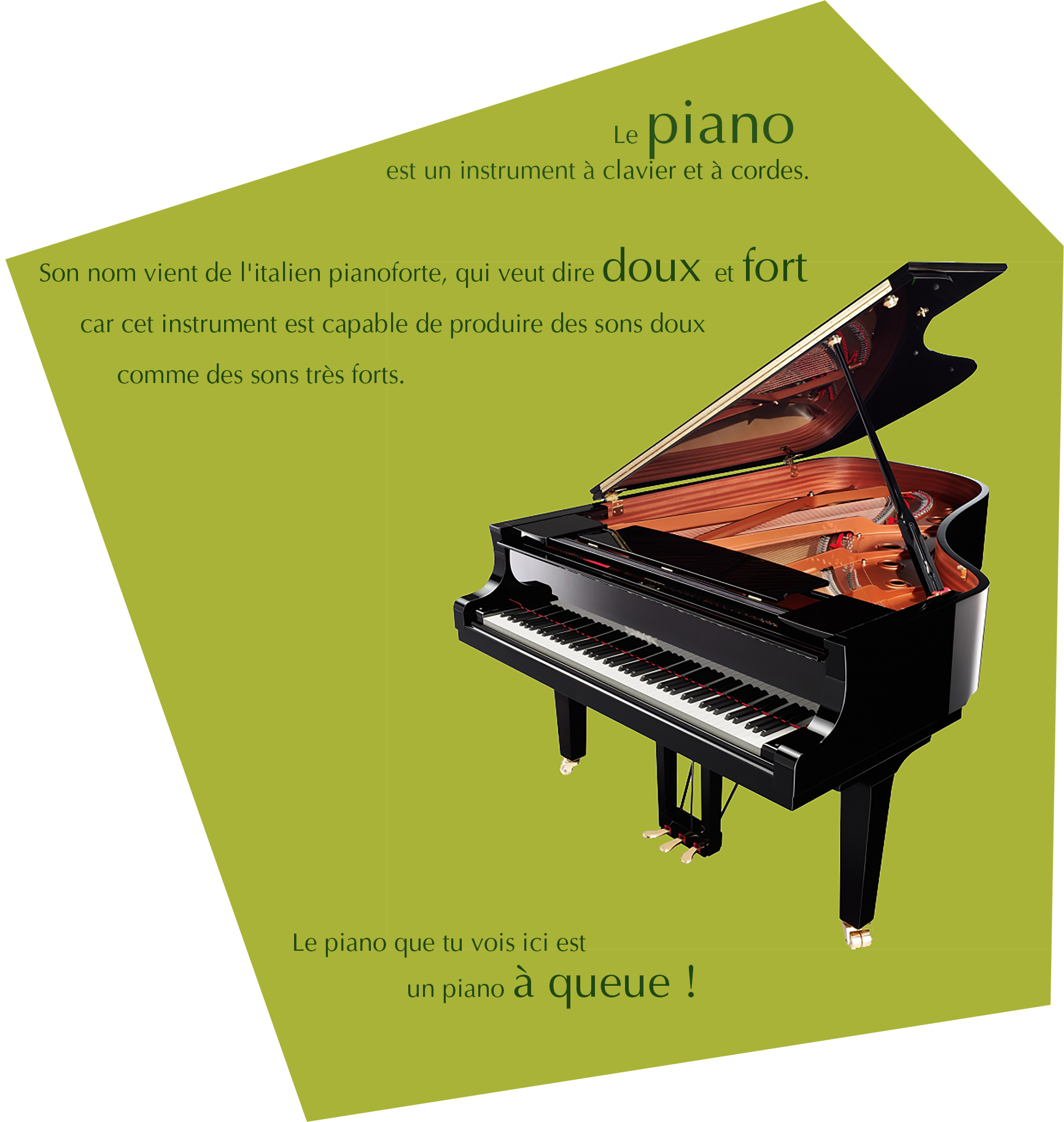 Le piano est un instrument à clavier et à cordes. Son nom vient de l'italien pianoforte, qui veut dire doux et fort, car cet instrument est capable de produire des sons doux comme des sons très forts. Le piano que tu vois ici est un piano à queue !