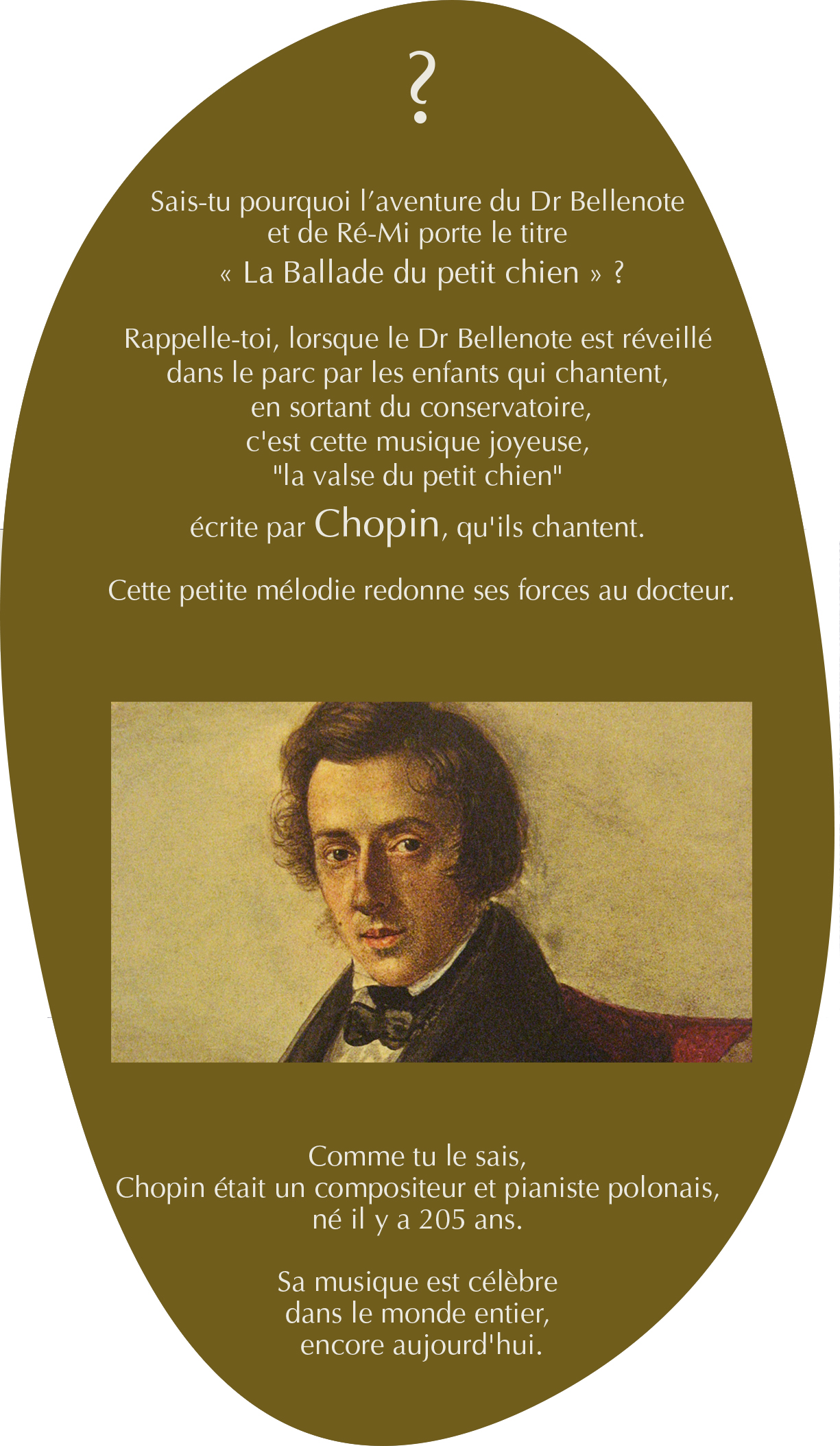 Bienvenue dans l'aventure du Dr Bellenote et de Ré-Mi. Sais-tu pourquoi leur aventure porte le titre « La Ballade du petit chien » ? Rappelle-toi, lorsque le Dr Bellenote est réveillé dans le parc par les enfants qui chantent, en sortant du conservatoire. C'est cette musique joyeuse, «la valse du petit chien» écrite par Chopin, qu'ils chantent. Cette petite mélodie redonne ses forces au docteur